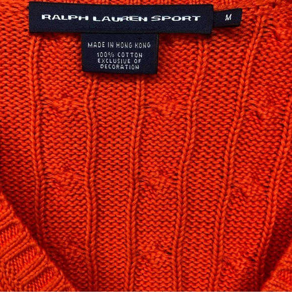 Vintage Ralph Lauren Sport Cable Knit Sweater Medium Orange V-Neck Pullover - Picture 4 of 9